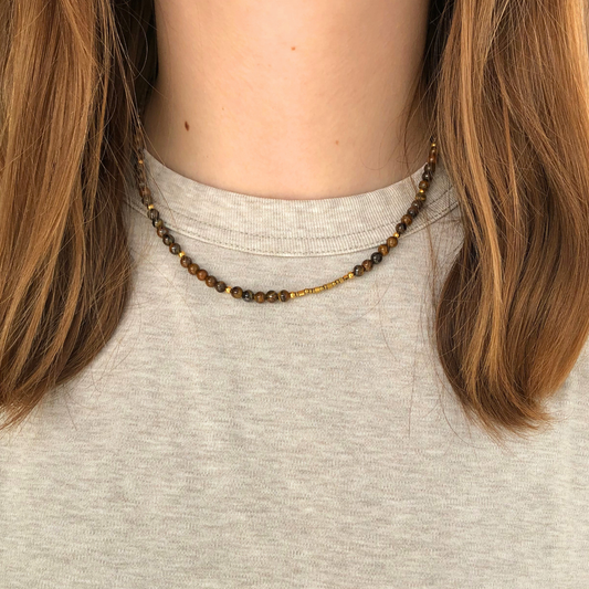 COLLIER AGATHE - perles oeil de tigre, hématite dorée