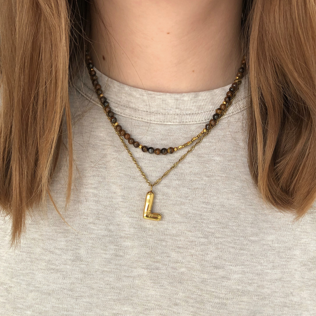 COLLIER AGATHE - perles oeil de tigre, hématite dorée