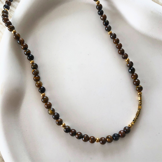 COLLIER AGATHE - perles oeil de tigre, hématite dorée