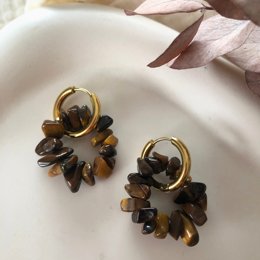 BOUCLES D'OREILLES LAURIE - créoles et perles chips œil de tigre